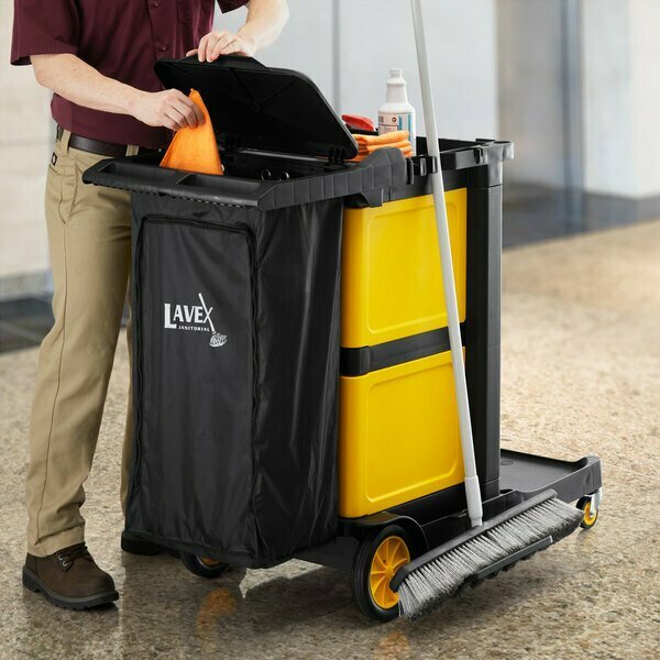 Lavex Premium 3-Shelf Janitor Cart Kit with Black Zippered Bag Lid and Double Lock Box 274JC3PZ2LBKKT